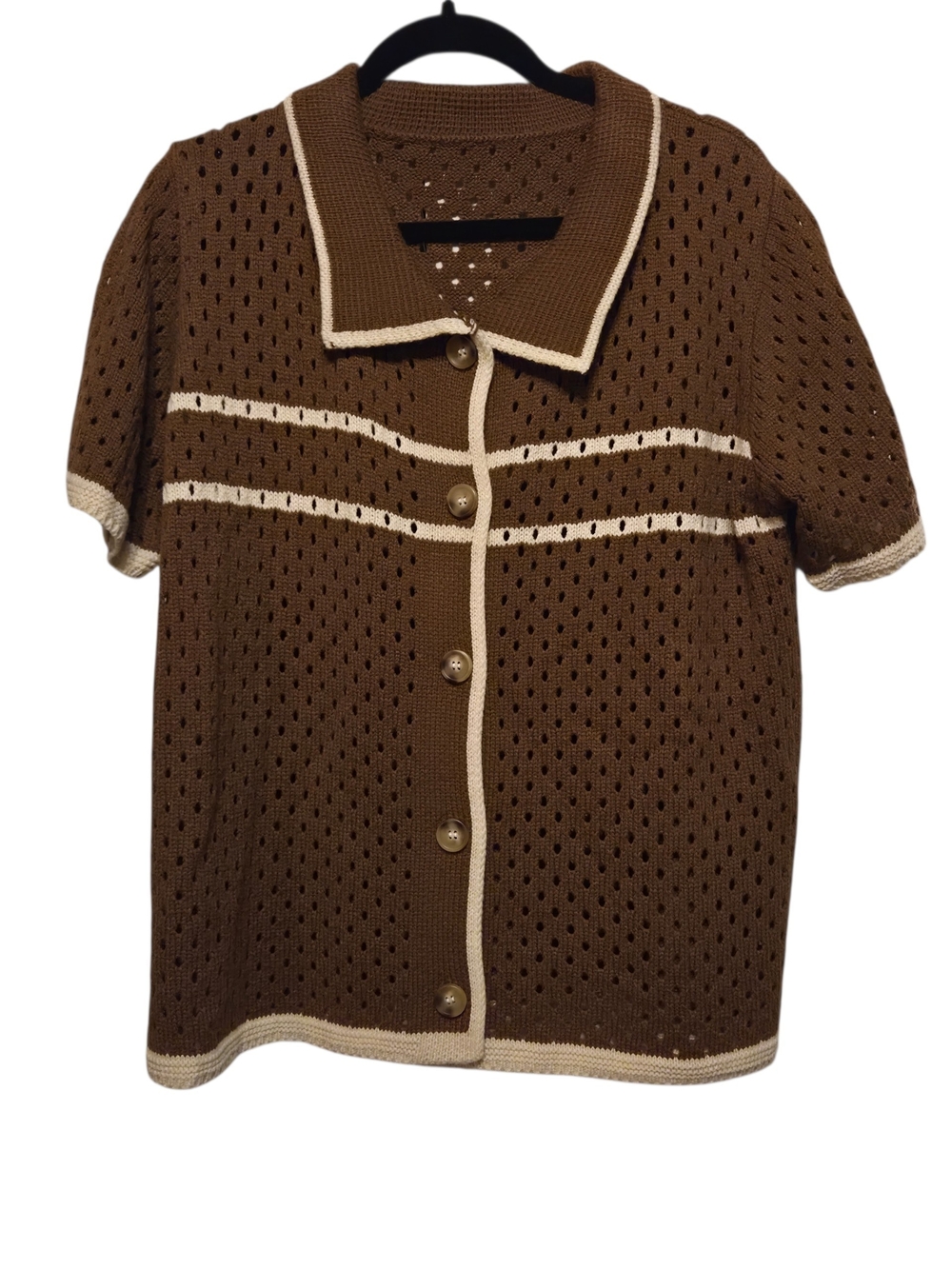 Cottagcore Vintage Inspired Brown Short-Sleeve Knit Cardigan with Cream Trim
